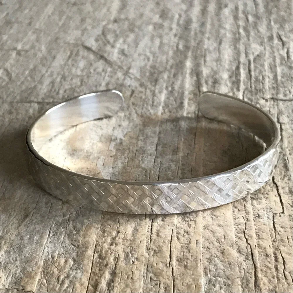 Shiny Sterling Silver Plaid Tartan Open Cuff Bangle Handmade 9.5mm Wide